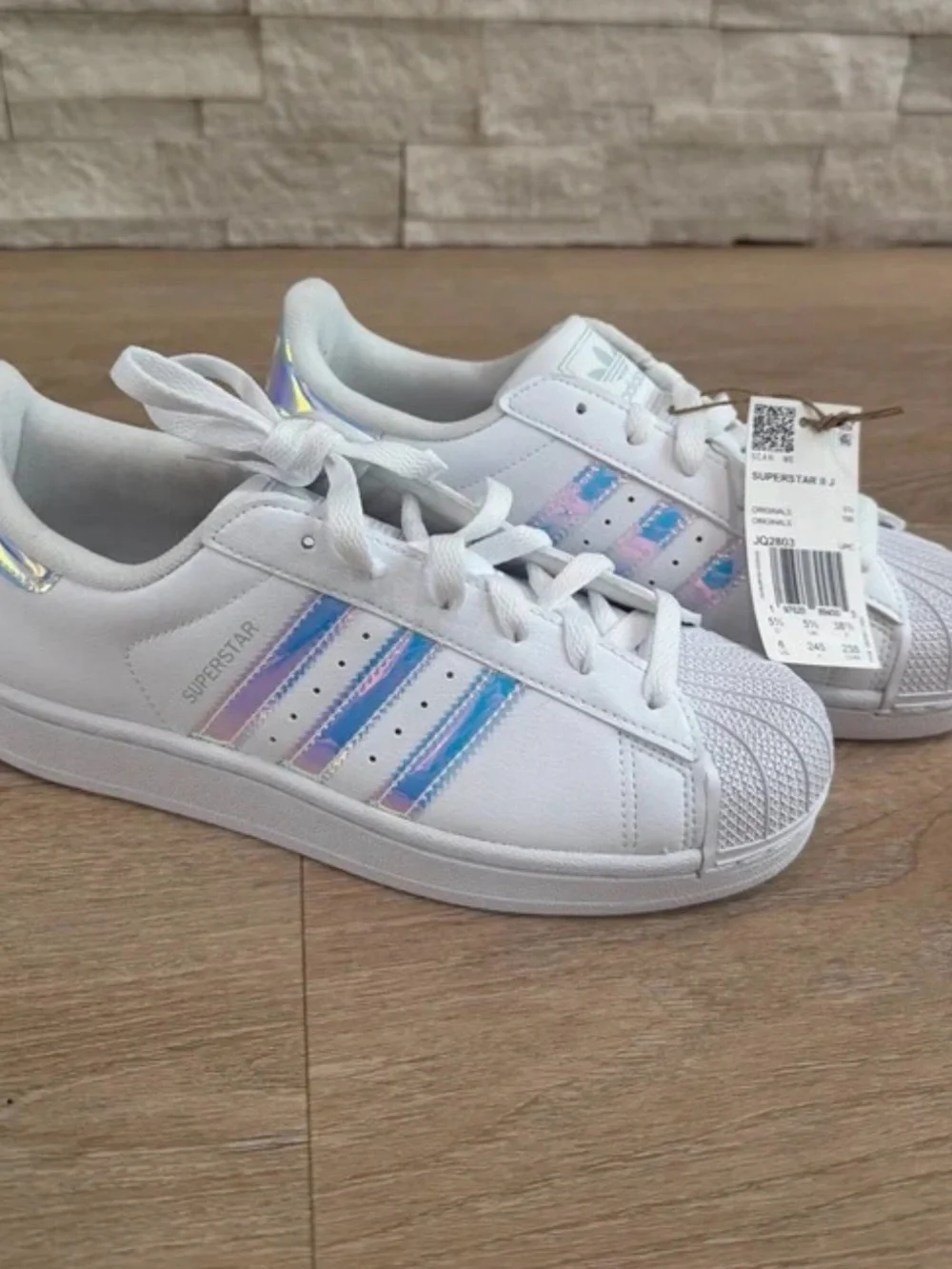 adidas Womens Superstar Sneakers — White with Iridescent Stripes